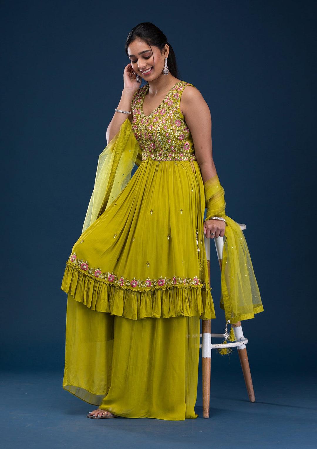 Parrot Green Mirrorwork Georgette Readymade Salwar Suit-Koskii