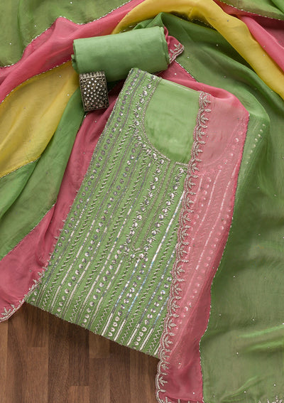 Parrot Green Mirrorwork Georgette Unstitched Salwar Suit-Koskii