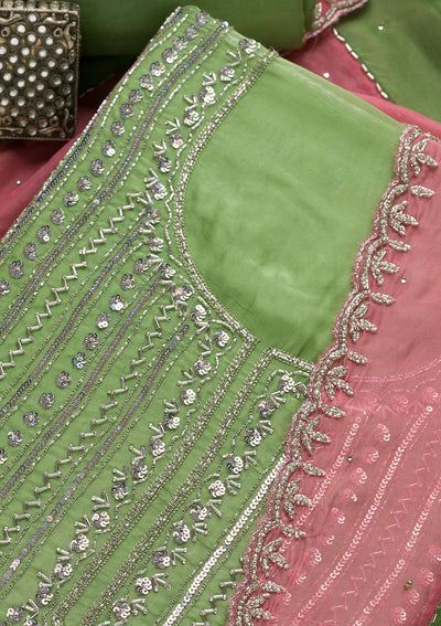 Parrot Green Mirrorwork Georgette Unstitched Salwar Suit-Koskii