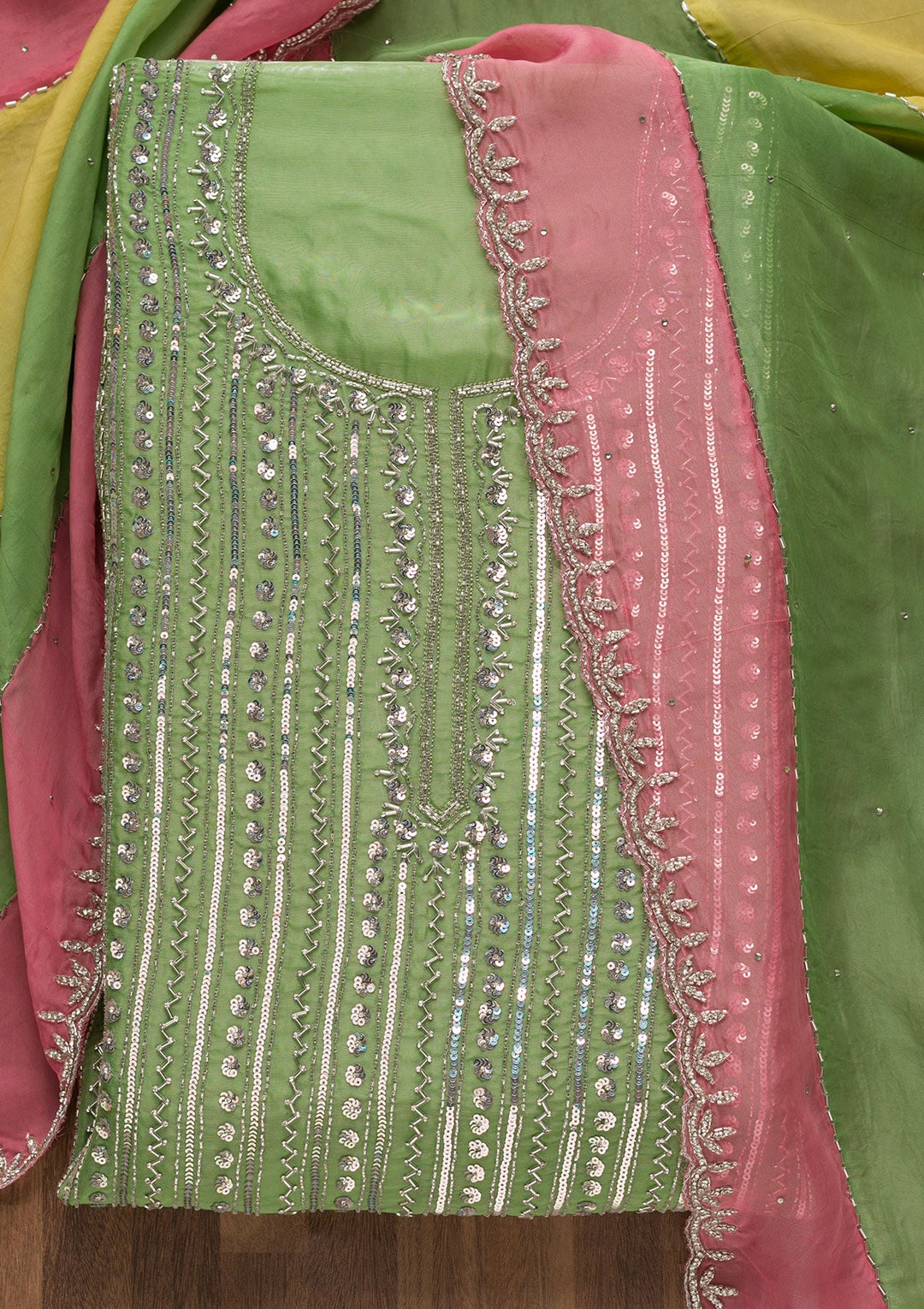 Parrot Green Mirrorwork Georgette Unstitched Salwar Suit-Koskii