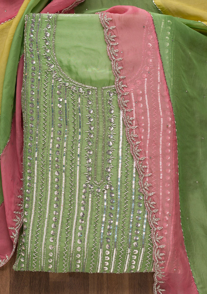 Parrot Green Mirrorwork Georgette Unstitched Salwar Suit-Koskii