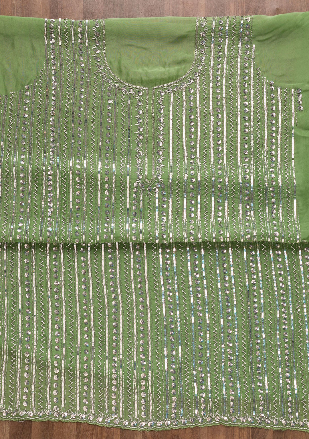 Parrot Green Mirrorwork Georgette Unstitched Salwar Suit-Koskii