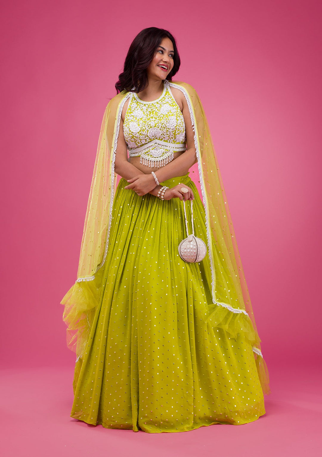 Parrot Green Pearlwork Georgette Readymade Lehenga-Koskii