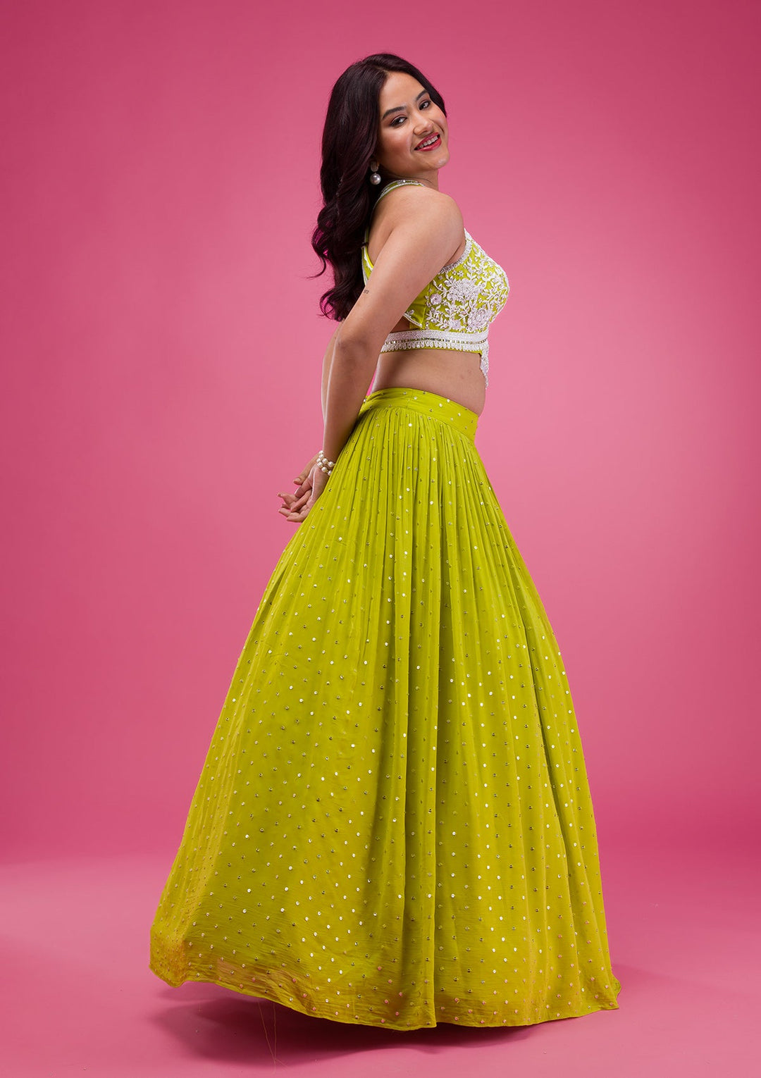 Parrot Green Pearlwork Georgette Readymade Lehenga-Koskii