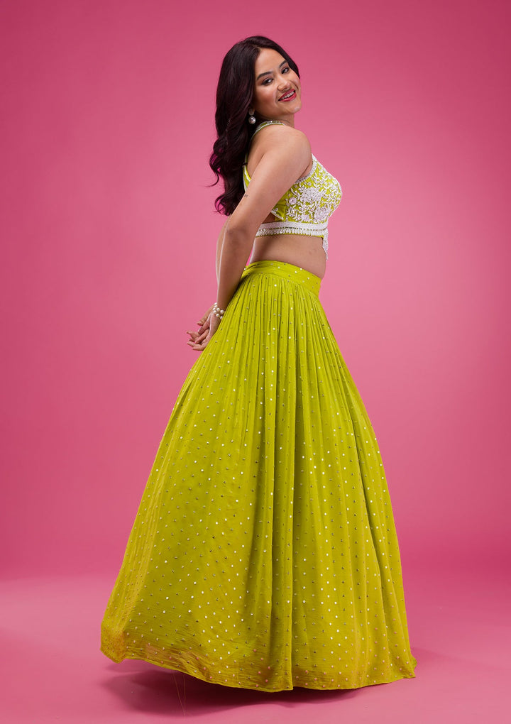Parrot Green Pearlwork Georgette Readymade Lehenga-Koskii