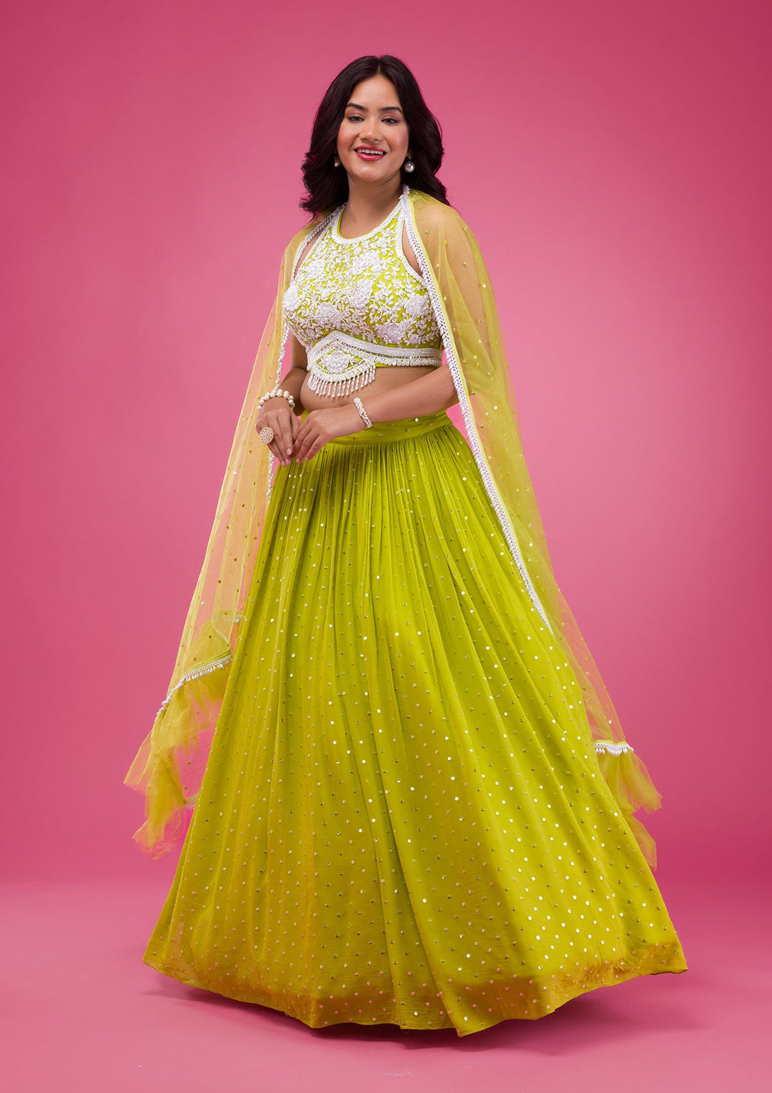 Parrot Green Pearlwork Georgette Readymade Lehenga-Koskii