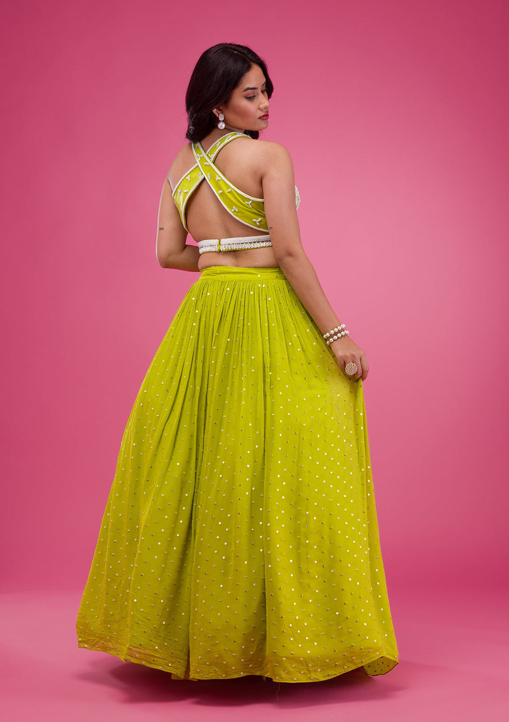 Parrot Green Pearlwork Georgette Readymade Lehenga-Koskii