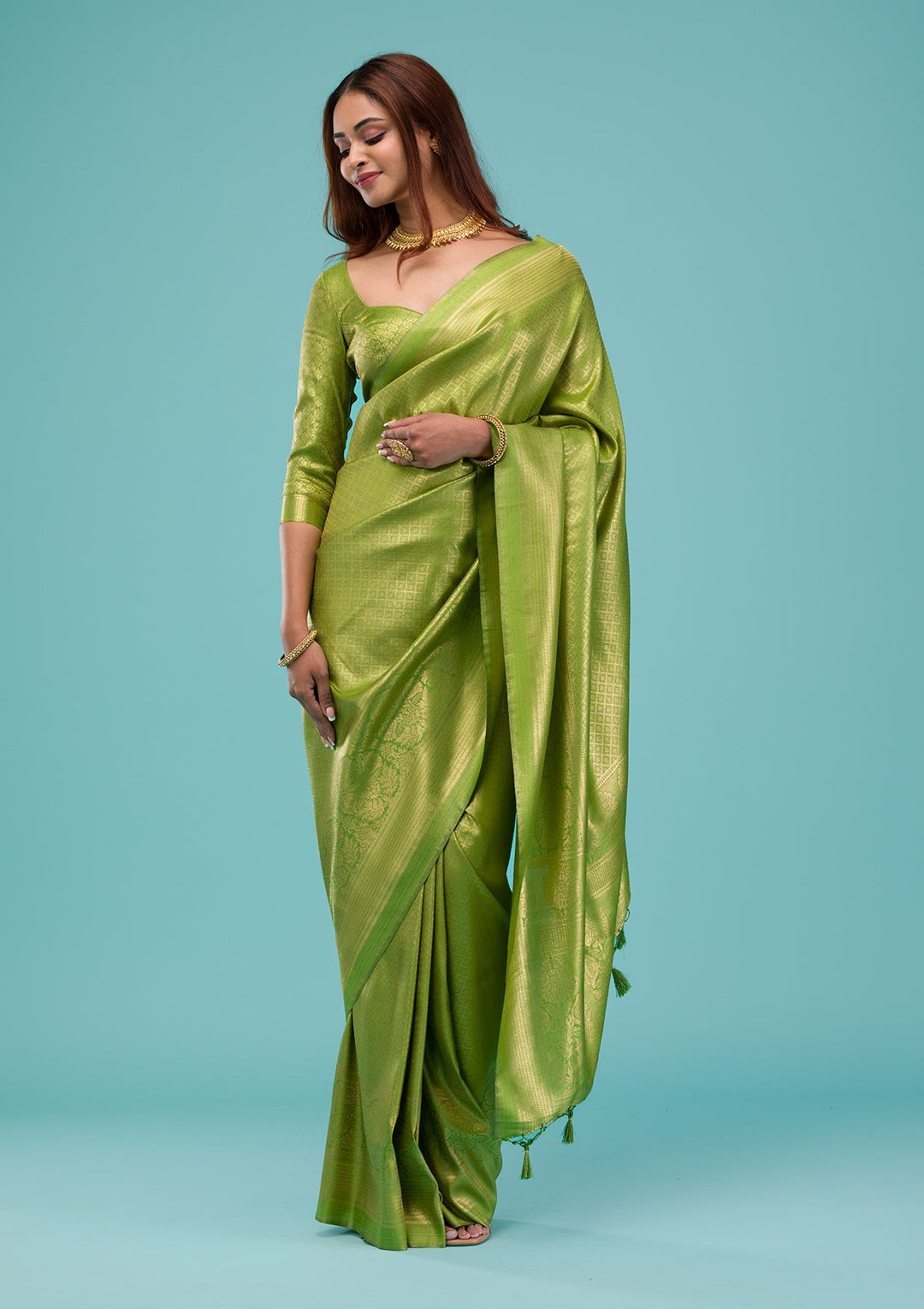 Parrot Green Plain Soft Silk Saree-Koskii