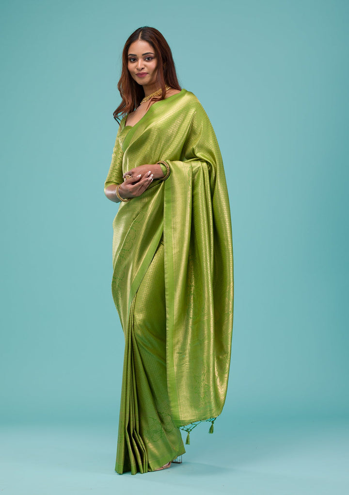 Parrot Green Plain Soft Silk Saree-Koskii