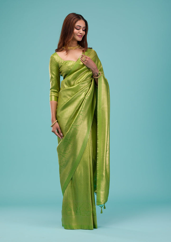Parrot Green Plain Soft Silk Saree-Koskii