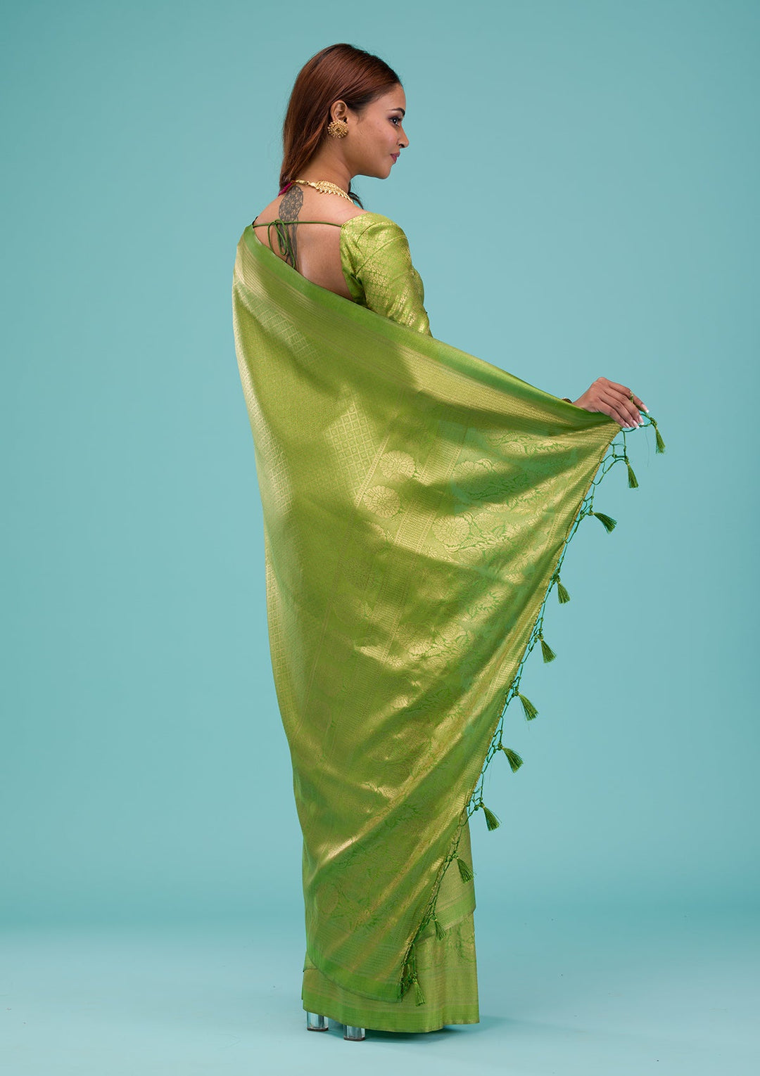 Parrot Green Plain Soft Silk Saree-Koskii