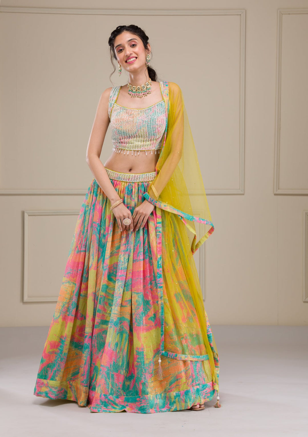 Parrot Green Print Georgette Readymade Lehenga-Koskii