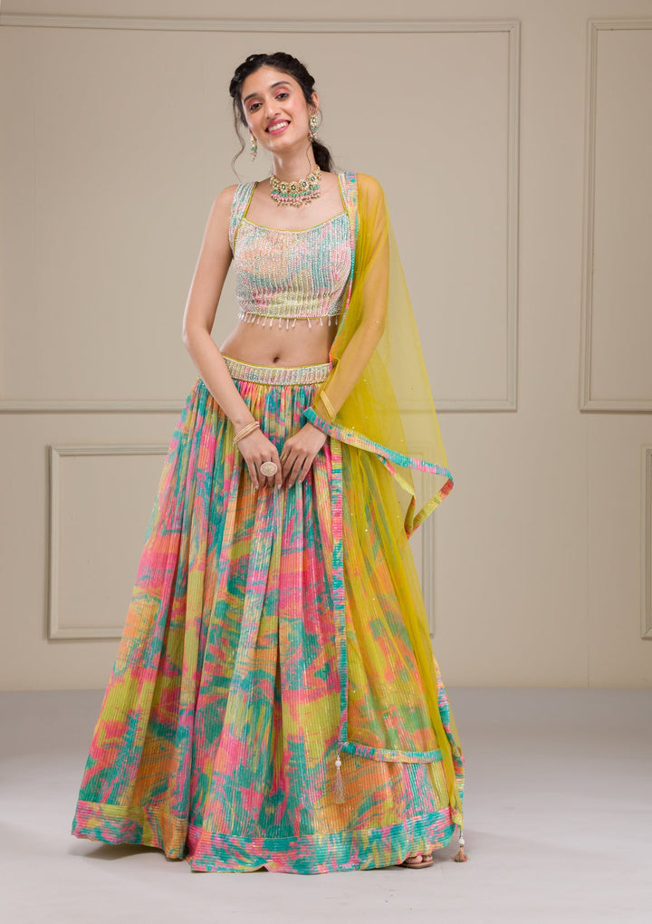 Parrot Green Print Georgette Readymade Lehenga-Koskii