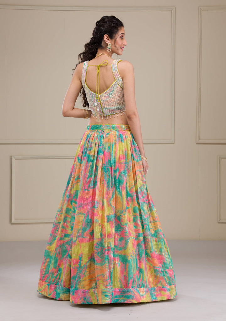 Parrot Green Print Georgette Readymade Lehenga-Koskii