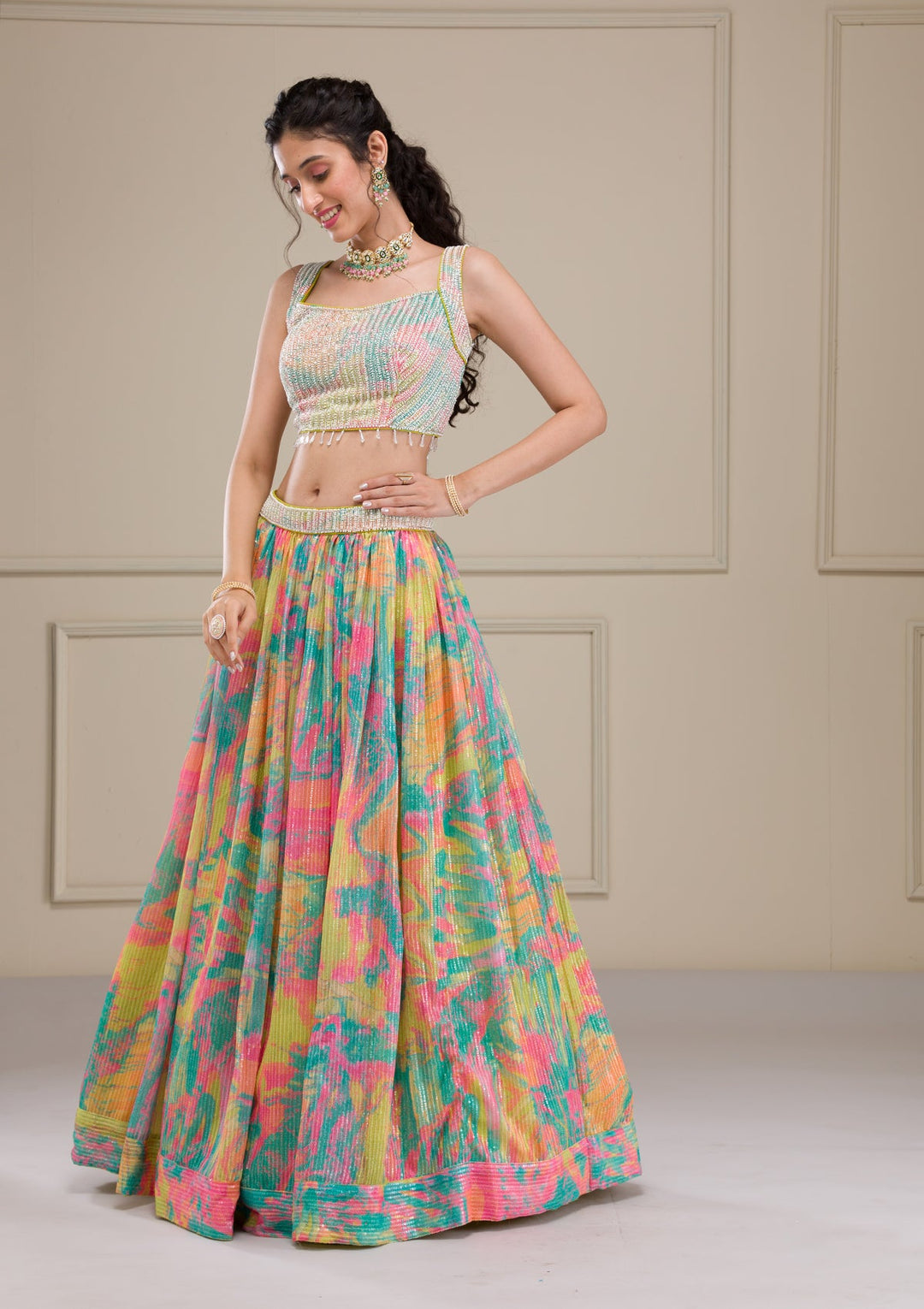 Parrot Green Print Georgette Readymade Lehenga-Koskii