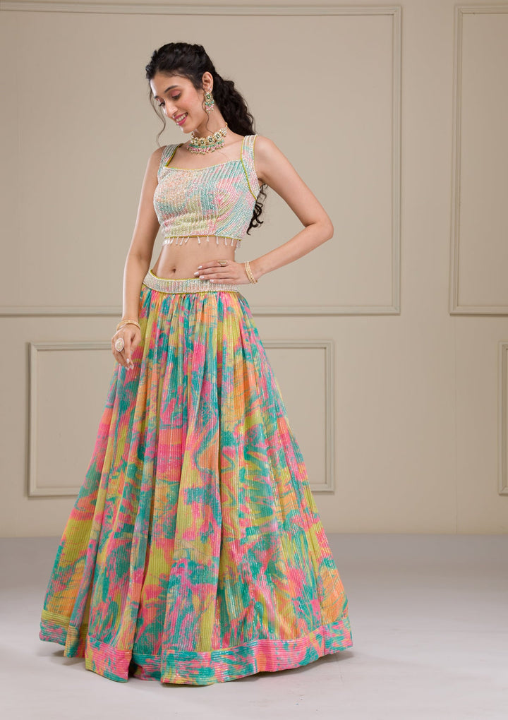 Parrot Green Print Georgette Readymade Lehenga-Koskii