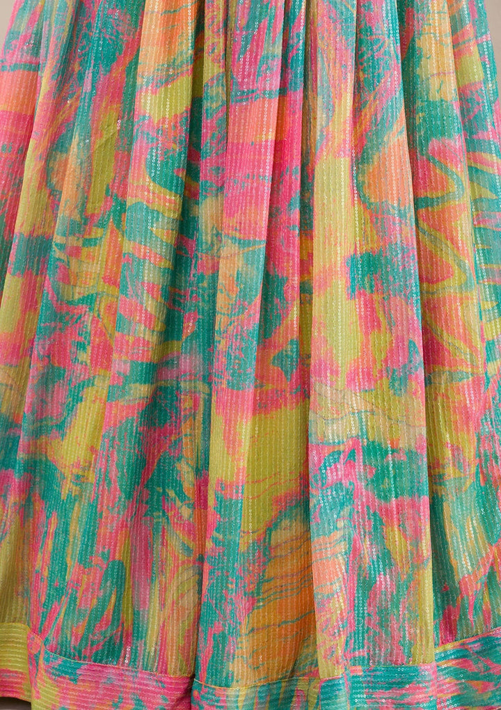 Parrot Green Print Georgette Readymade Lehenga-Koskii