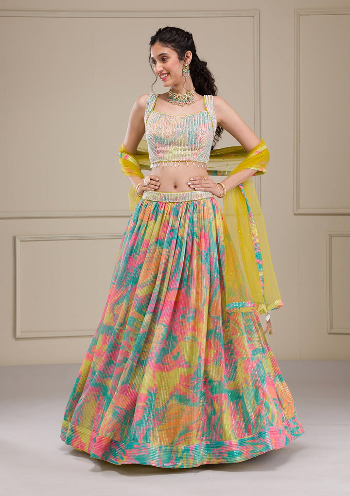 Parrot Green Print Georgette Readymade Lehenga-Koskii