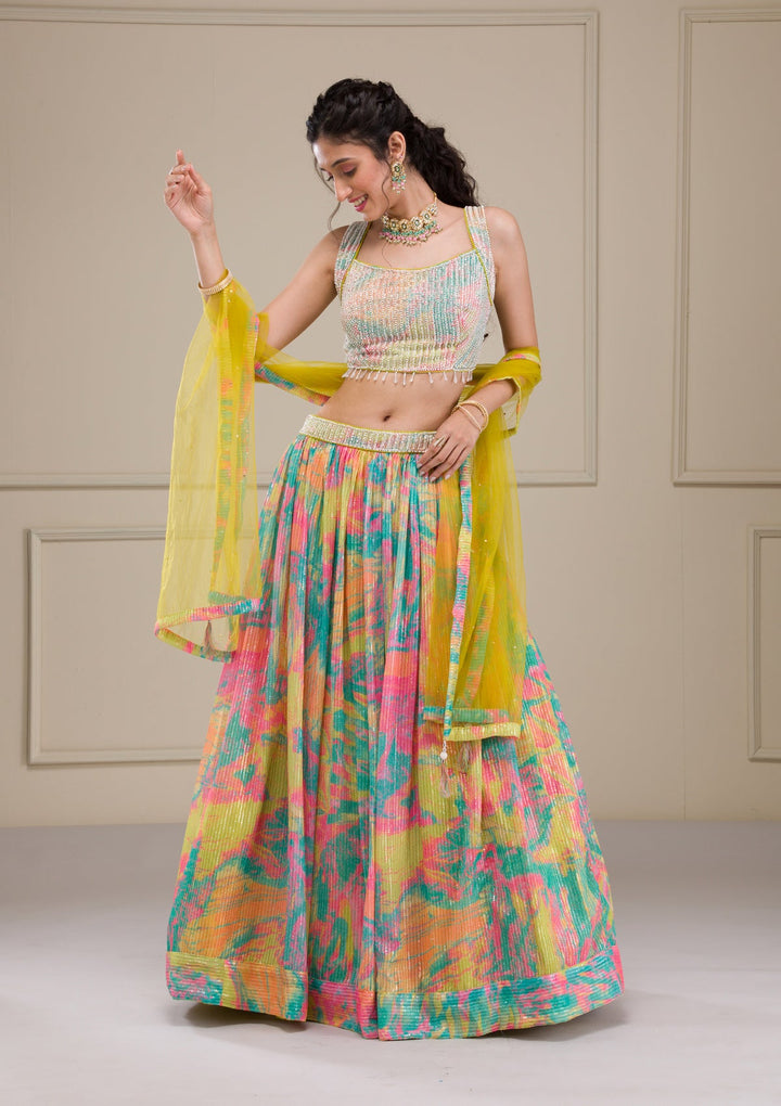 Parrot Green Print Georgette Readymade Lehenga-Koskii