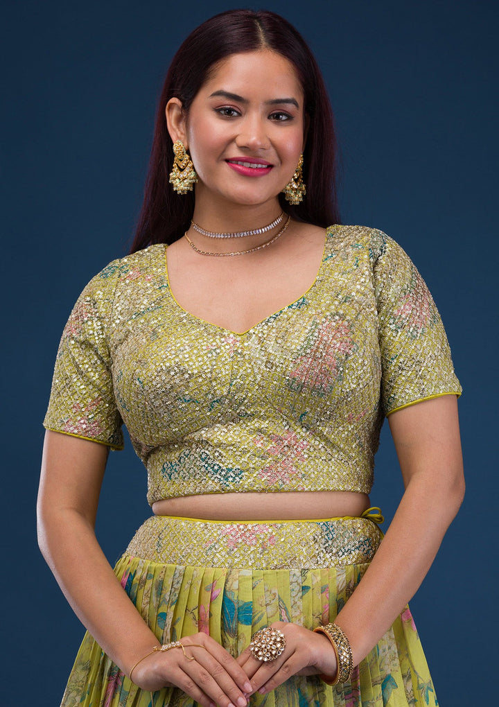 Parrot Green Print Semi Crepe Readymade Lehenga-Koskii