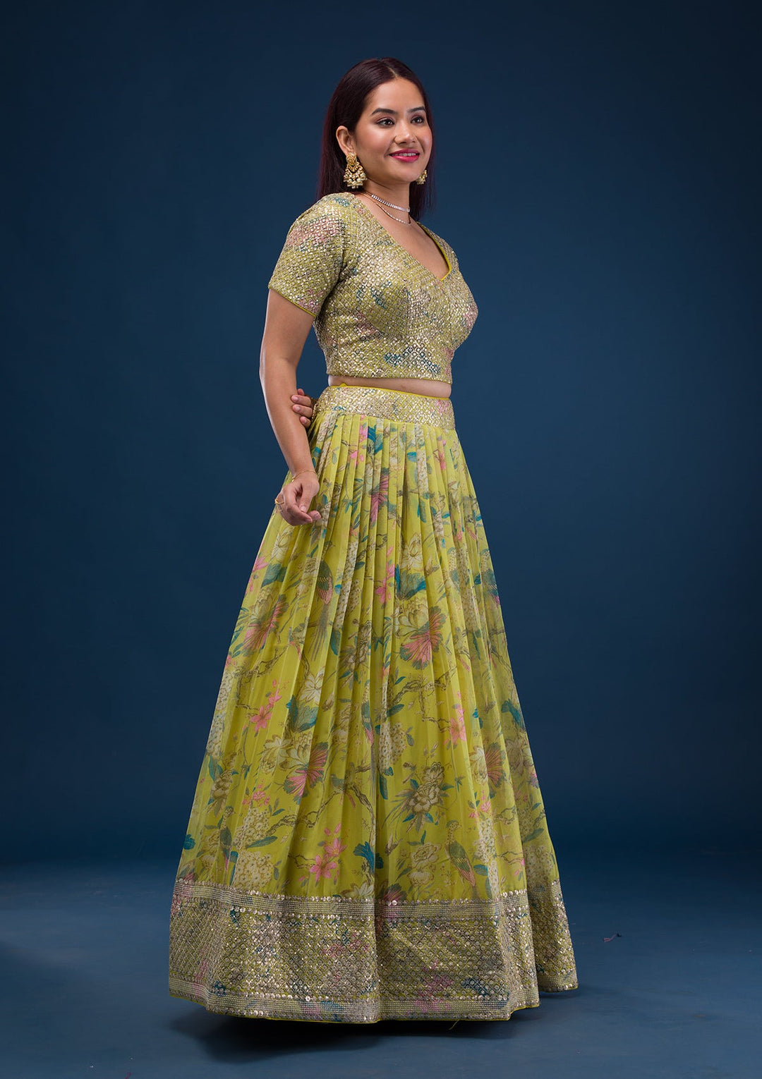 Parrot Green Print Semi Crepe Readymade Lehenga-Koskii