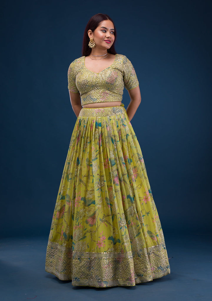 Parrot Green Print Semi Crepe Readymade Lehenga-Koskii