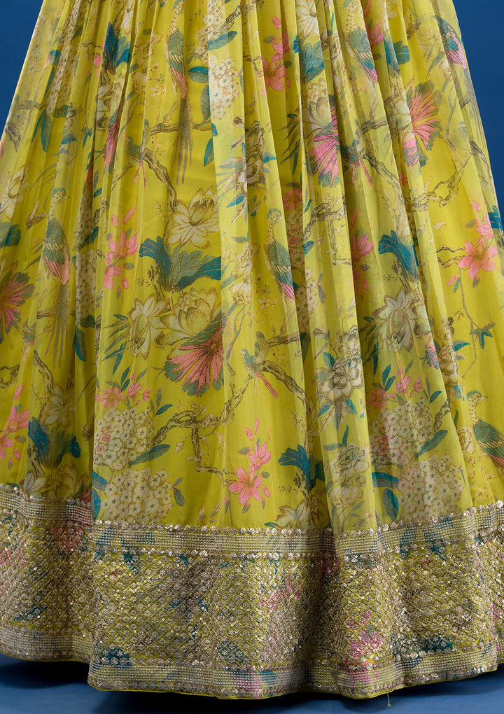 Parrot Green Print Semi Crepe Readymade Lehenga-Koskii