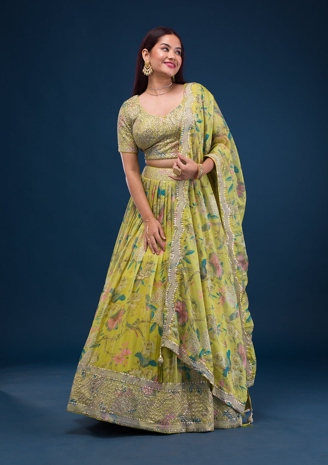 Parrot Green Print Semi Crepe Readymade Lehenga-Koskii