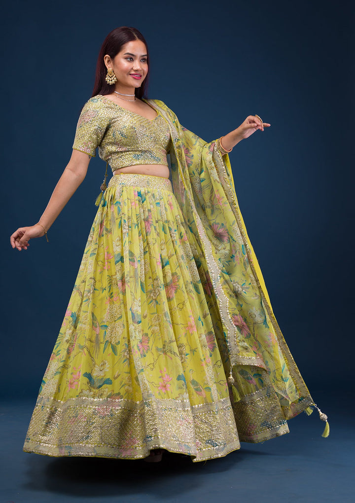Parrot Green Print Semi Crepe Readymade Lehenga-Koskii