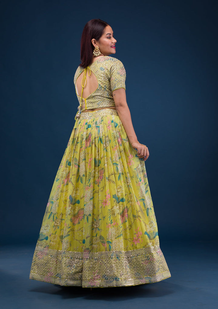 Parrot Green Print Semi Crepe Readymade Lehenga-Koskii