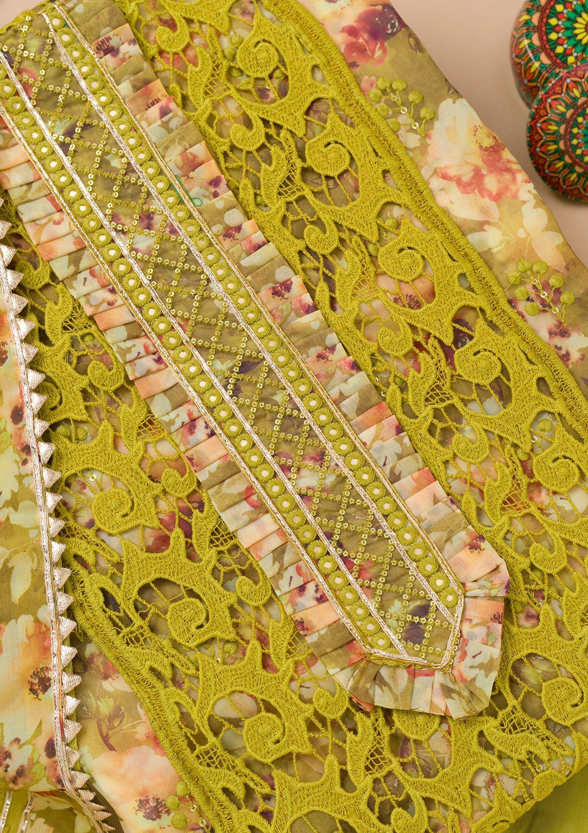 Buy Parrot Green Printed Organza Unstitched Salwar Suit - Koskii Buy Parrot Green Printed Organza Unstitched Salwar Suit - Koskii