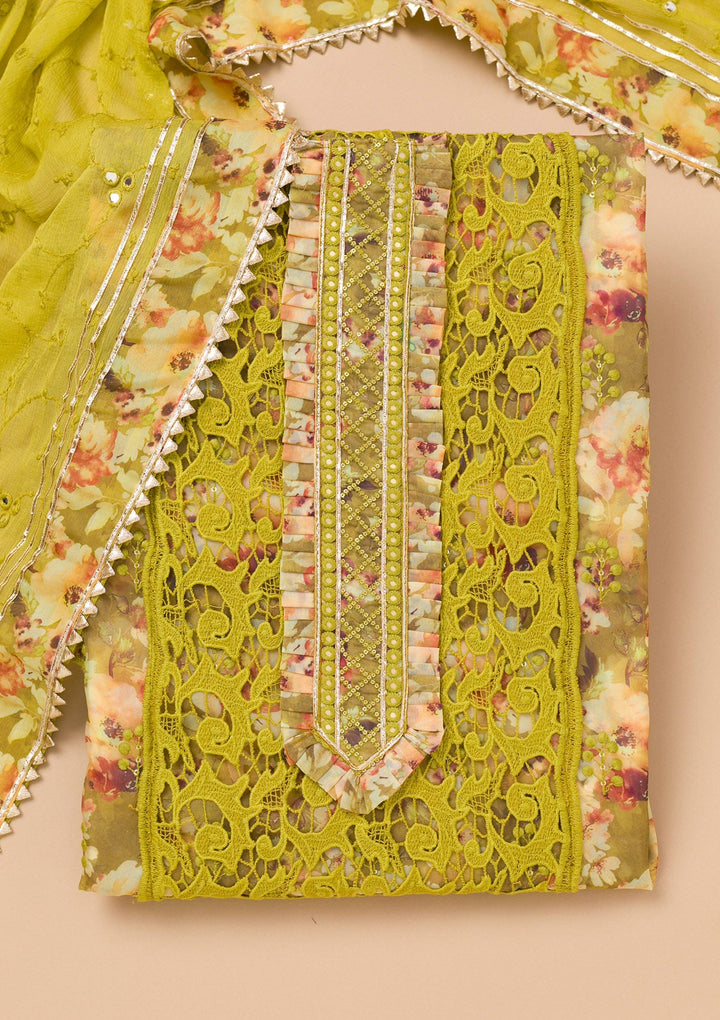 Parrot Green Printed Organza Unstitched Salwar Kameez-Koskii