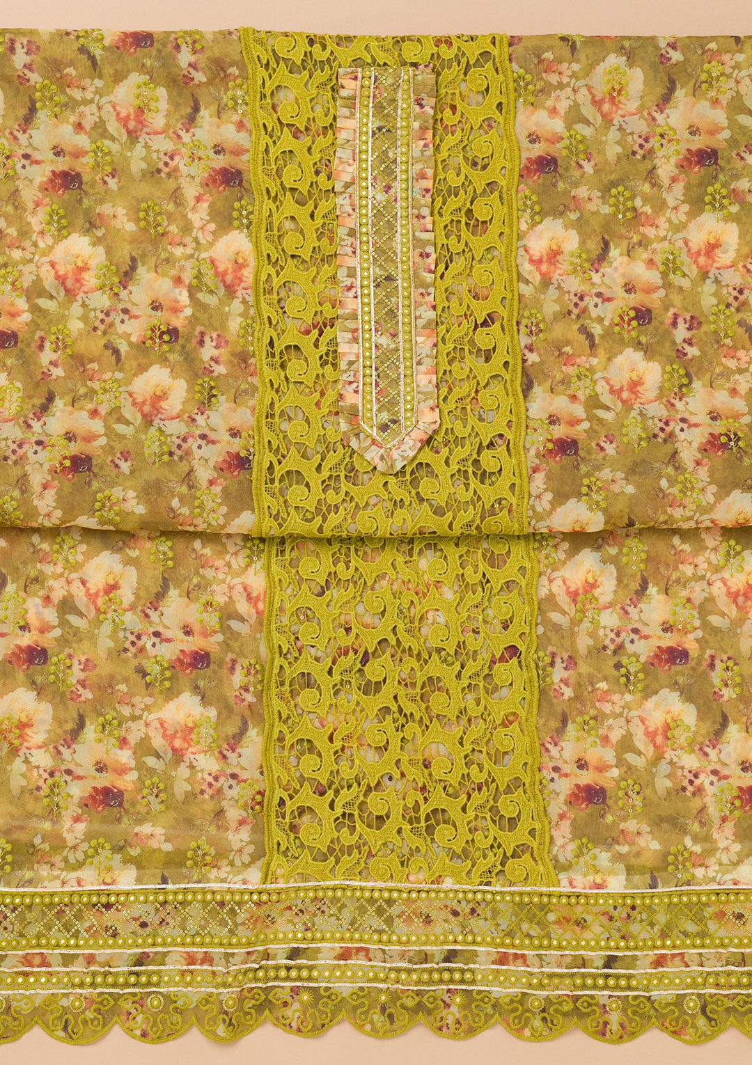 Parrot Green Printed Organza Unstitched Salwar Kameez-Koskii