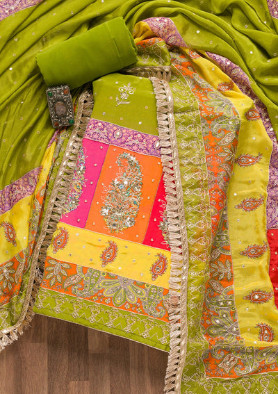 Parrot Green Printed Semi Crepe Unstitched Salwar Suit-Koskii