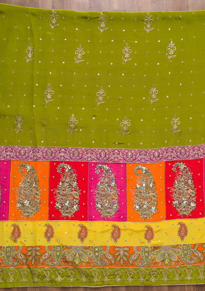 Parrot Green Printed Semi Crepe Unstitched Salwar Suit-Koskii