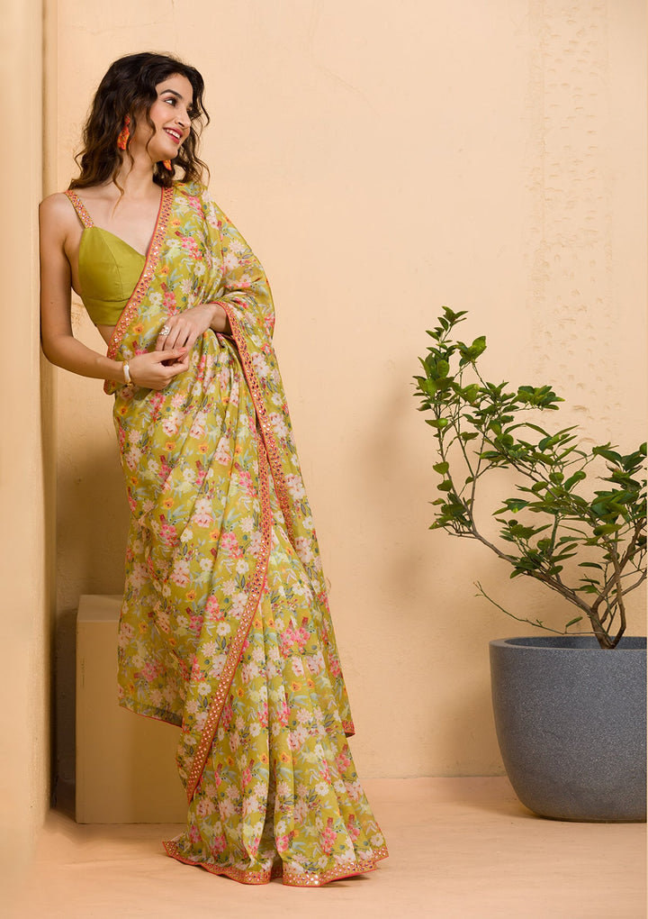 Parrot Green Floral Printed Organza Designer Saree-Koskii