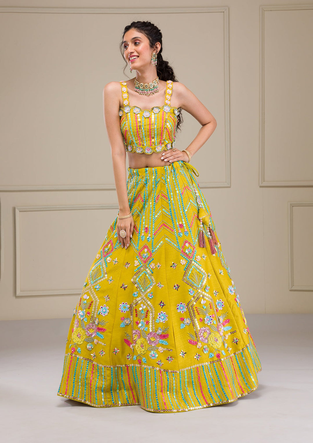 Parrot Green Sequins Raw Silk Readymade Lehenga-Koskii