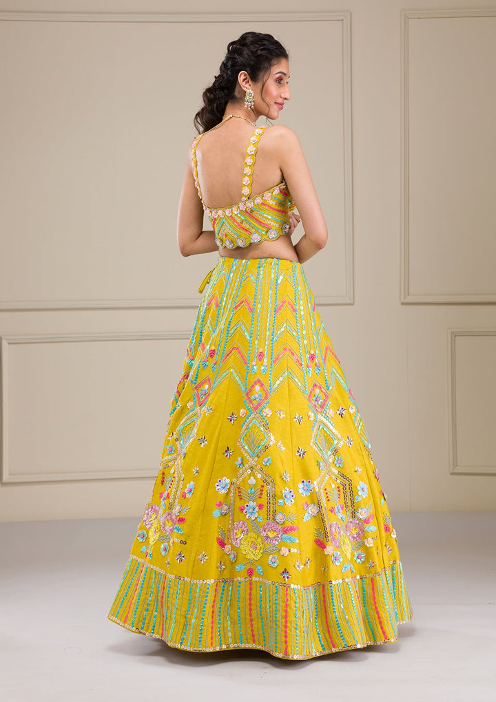 Parrot Green Sequins Raw Silk Readymade Lehenga-Koskii