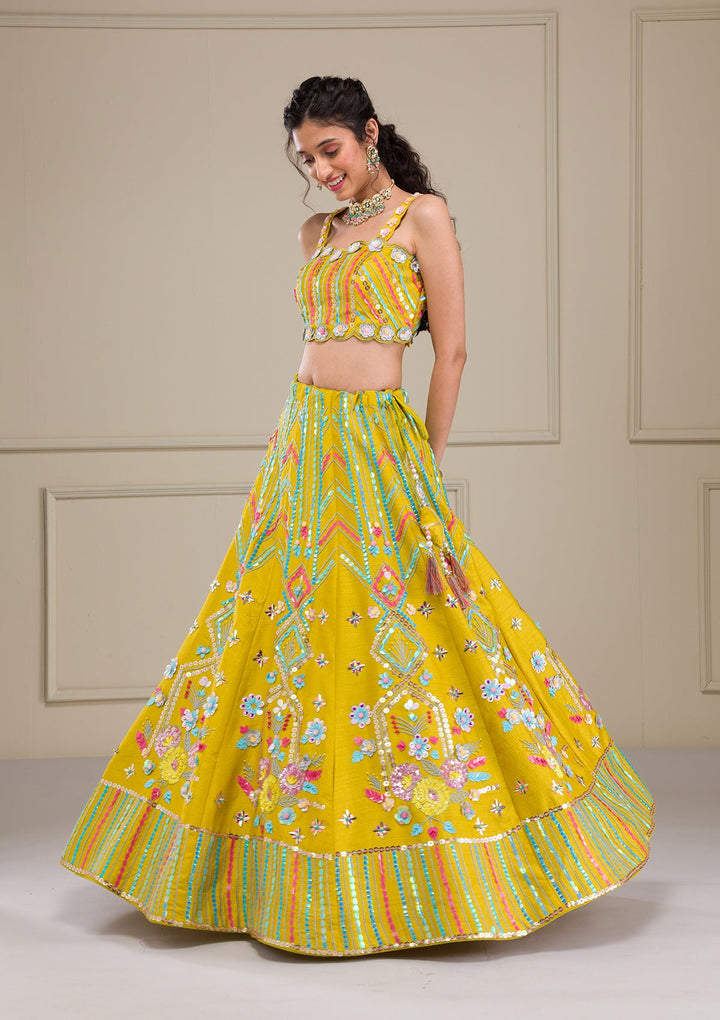 Parrot Green Sequins Raw Silk Readymade Lehenga-Koskii