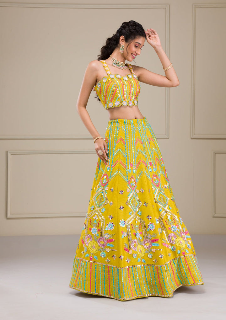 Parrot Green Sequins Raw Silk Readymade Lehenga-Koskii