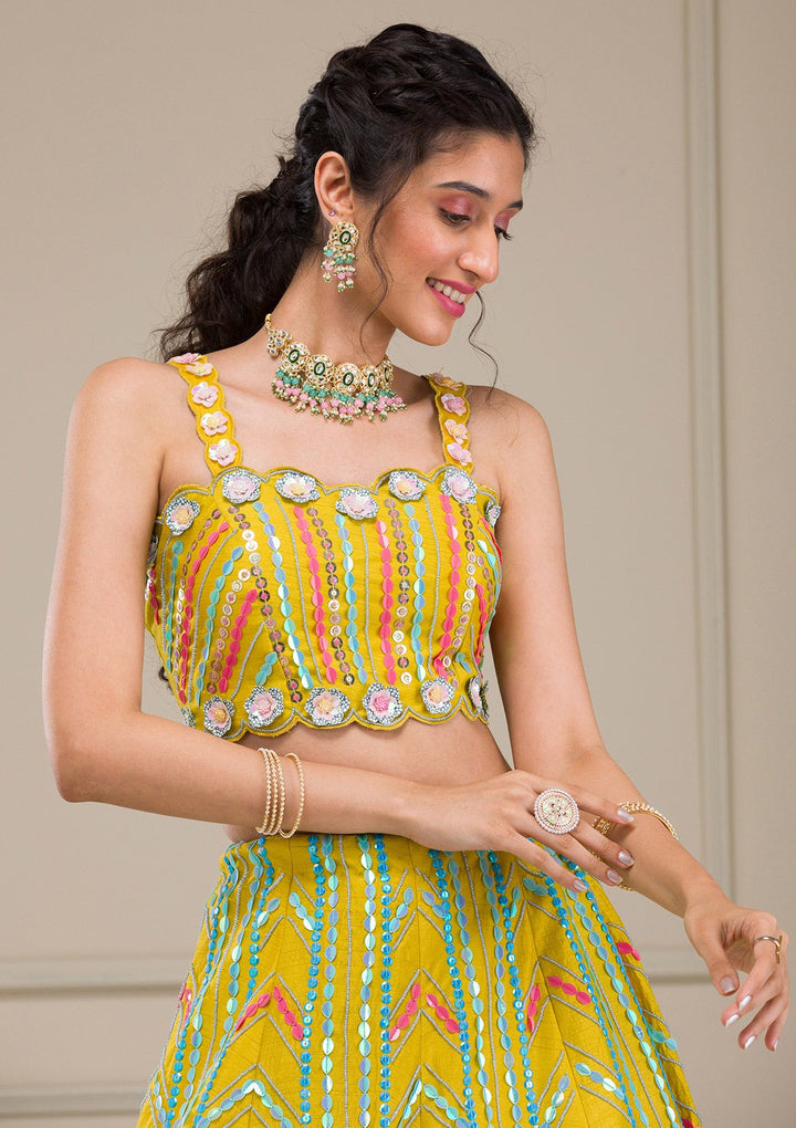 Parrot Green Sequins Raw Silk Readymade Lehenga-Koskii