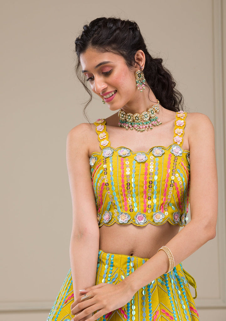 Parrot Green Sequins Raw Silk Readymade Lehenga-Koskii