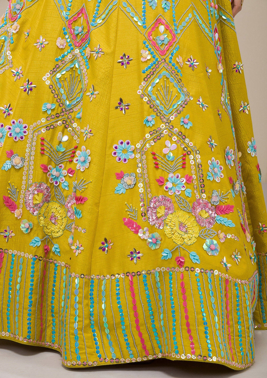 Parrot Green Sequins Raw Silk Readymade Lehenga-Koskii