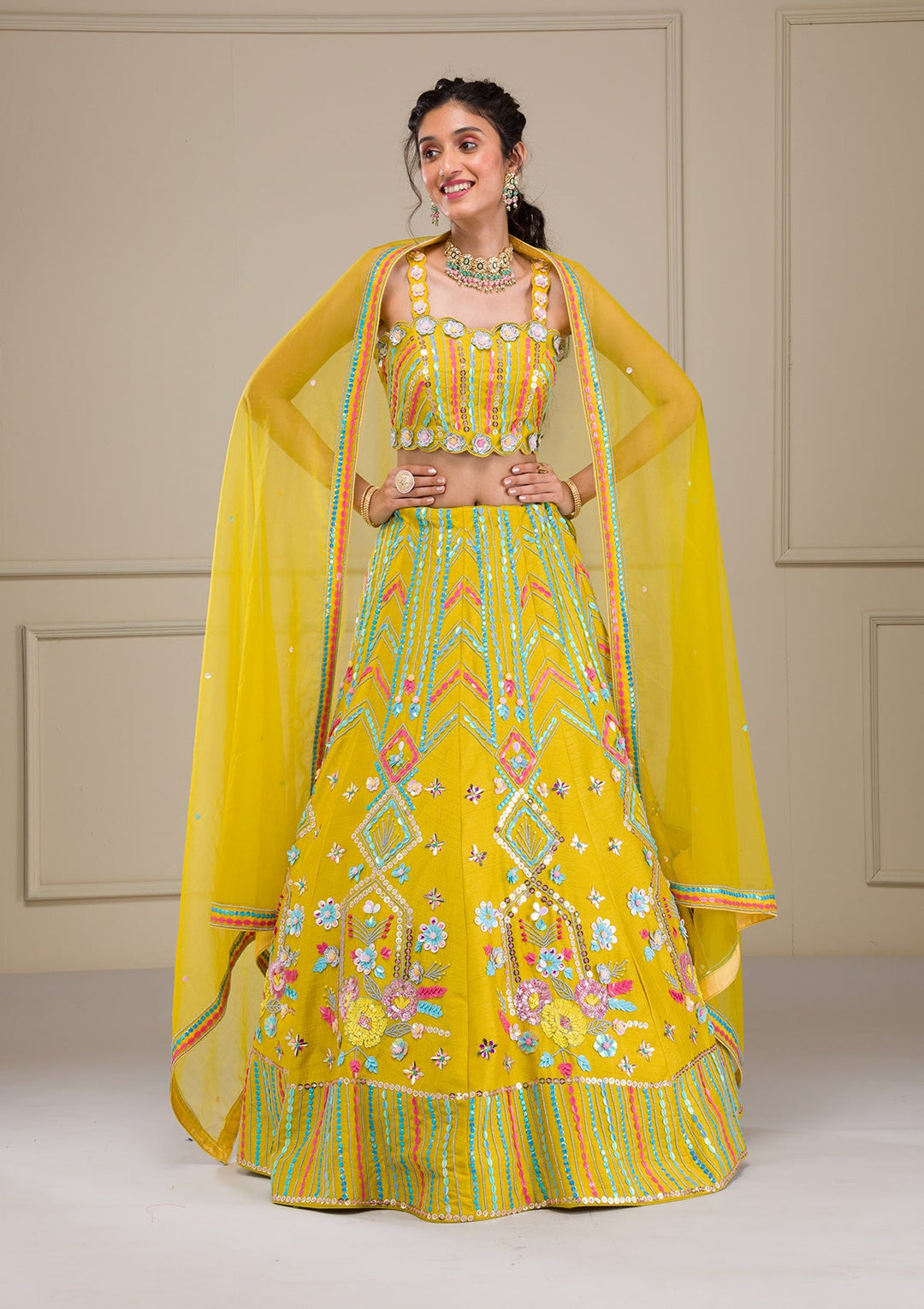 Parrot Green Sequins Raw Silk Readymade Lehenga-Koskii