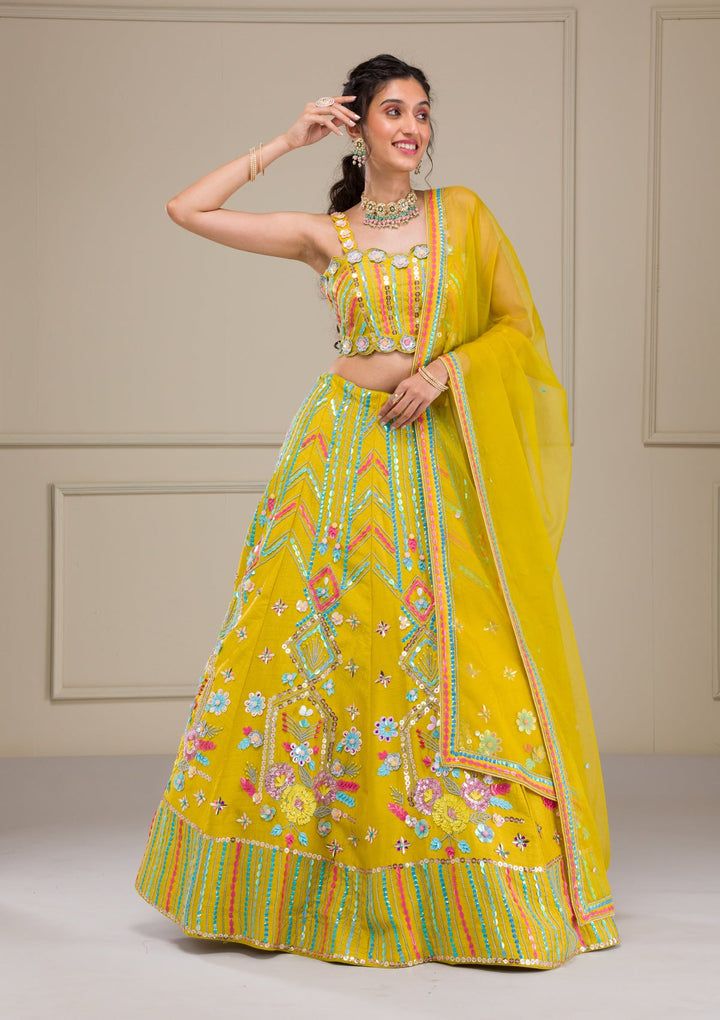 Parrot Green Sequins Raw Silk Readymade Lehenga-Koskii