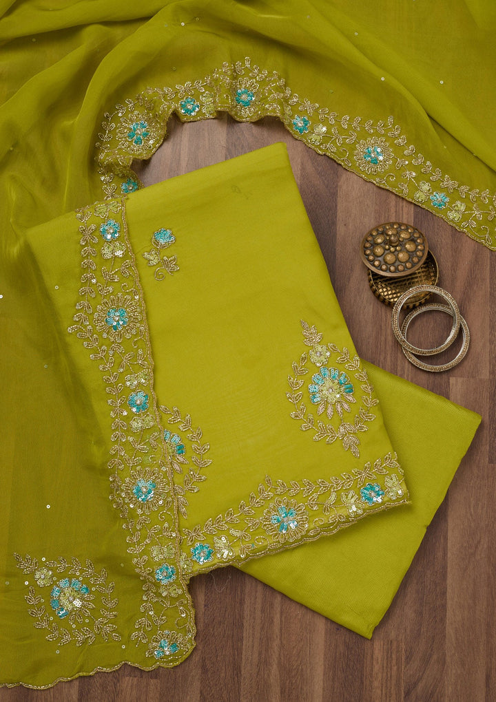 Parrot Green Stonework Tissue Unstitched Salwar Suit-Koskii