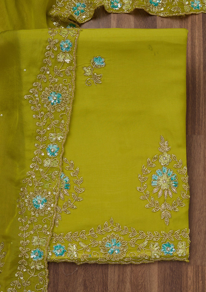 Parrot Green Stonework Tissue Unstitched Salwar Suit-Koskii