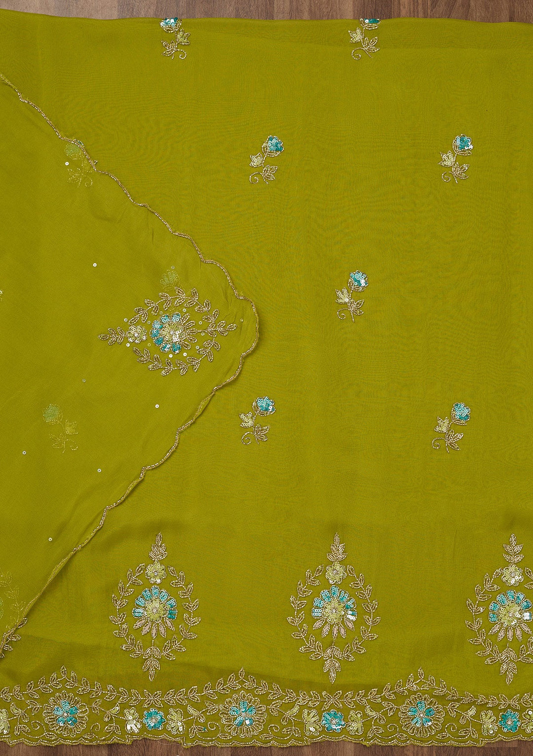 Parrot Green Stonework Tissue Unstitched Salwar Suit-Koskii