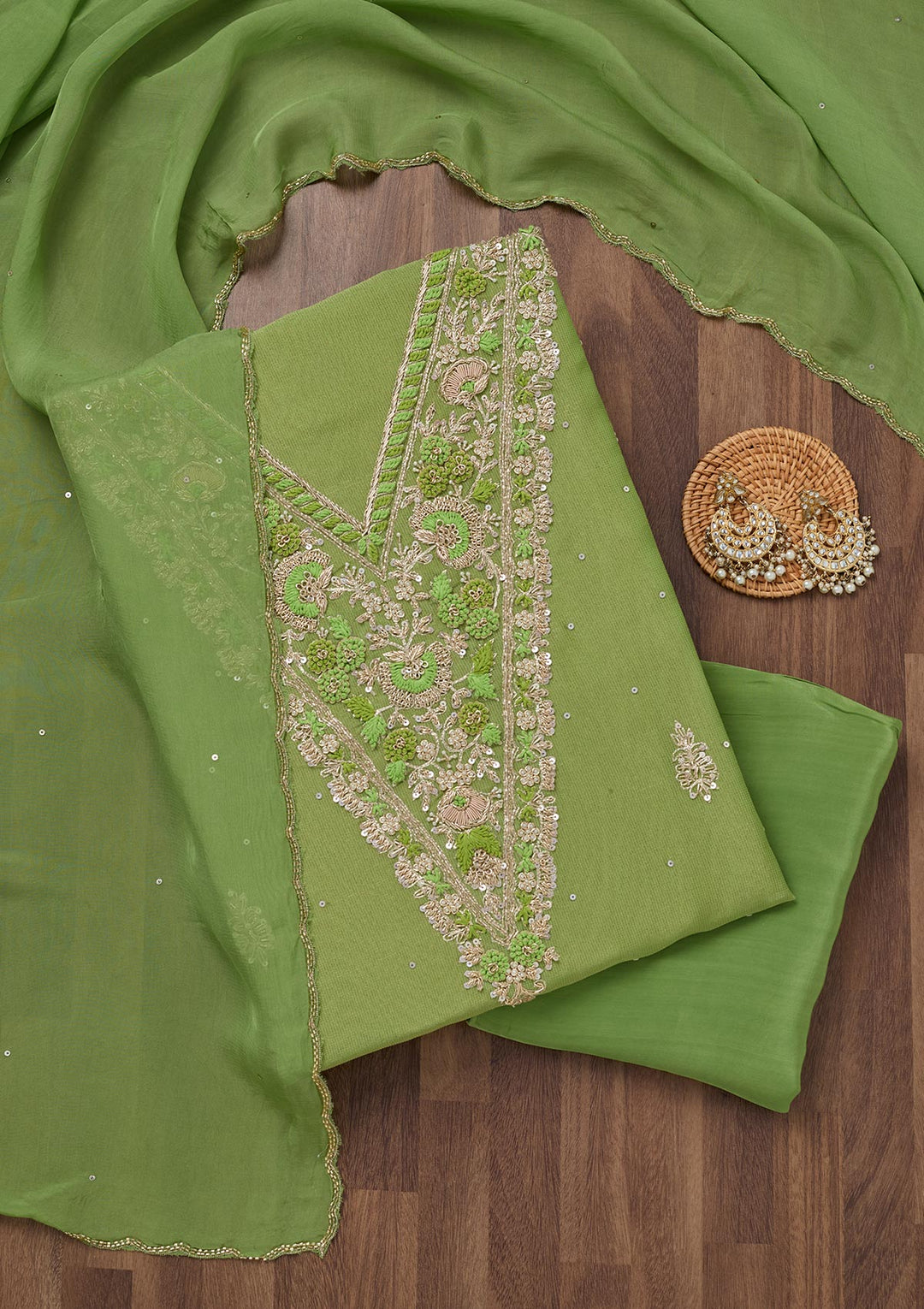 Parrot Green Stonework Tissue Unstitched Salwar Suit-Koskii