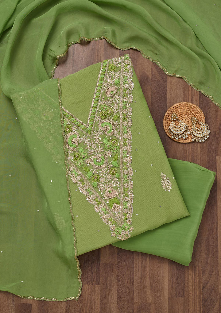 Parrot Green Stonework Tissue Unstitched Salwar Suit-Koskii